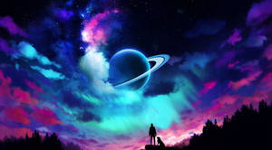 一個人和一隻狗在色彩繽紛的夜空中觀看發光的環狀行星的剪影。 — 動漫狗 壁紙