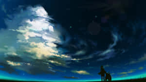剪影中的人和狗凝視著佈滿漩渦狀雲彩的星空暮色天空。 — 可愛動漫 壁紙