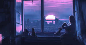 女孩和貓坐在窗邊看著紫色夕陽落在雨中的城市 — 日落 壁紙