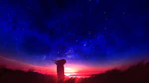 一個人站在高高的草叢中，觀看繁星點點的日落天空。 — 簡約 壁紙