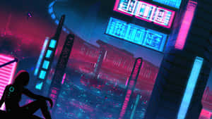 一個人的剪影俯瞰夜晚發光的未來城市。 — 賽博龐克 壁紙
