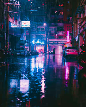 夜晚在雨中霓虹燈街道上獨自行走的人。 — 花園 壁紙