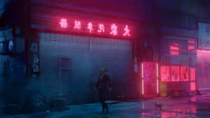 一個人在賽博朋克城市的夜晚，走在一條下雨的霓虹燈小巷裡。 — 城市燈光 壁紙