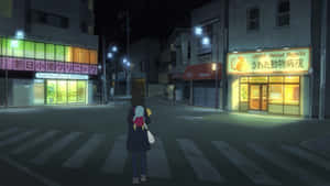 一個帶著孩子的人在夜晚穿過日本發光商店招牌下的街道。 — 狼少女 壁紙