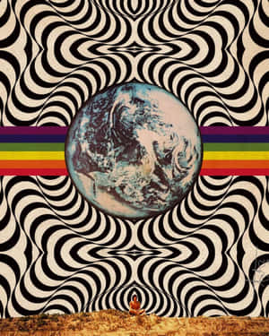 在帶有地球儀和彩虹條紋的迷幻波浪圖案下冥想的人。 — 80年代美學 壁紙