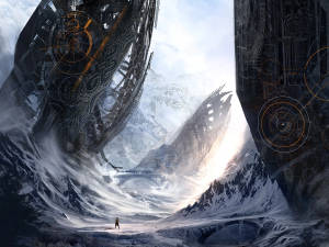 一個細小的人穿過山谷，兩旁是巨大的未來機械，在雪景中。 — 雪景 GIF 壁紙
