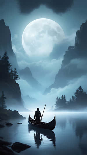 夜晚在霧氣瀰漫的山谷中，一個人在大月亮下划獨木舟 — 山脈 壁紙