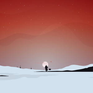 一個孤獨的旅人在紅色星空下走過雪漠，有發光的太陽。 — 星際大戰 iPad 壁紙