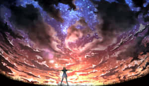 一個人在繁星點點的暮色天空下伸展雙臂的剪影。 — 動漫風景美圖 壁紙