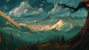 一個人站在樹下，看著落葉，背景是山脈。 — 2560x1440 動態圖片 壁紙