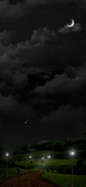 一個人在繁星夜空下，沿著新月照耀的小徑行走。 — iPhone 15 壁紙