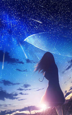 女孩在日落時分流星墜落的星空下撐傘。 — 酷炫星系 壁紙