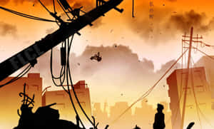 一個人在黃昏時分看著一輛飛行的摩托車越過被毀的城市。 — FLCL 壁紙
