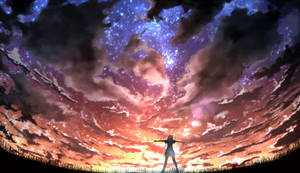 一個人在星空暮色下張開雙臂的剪影。 — 四月是你的謊言 壁紙