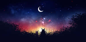 一個人凝視著色彩繽紛的夜空，有星星和新月的剪影。 — 野生動物 壁紙