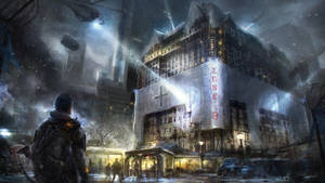 一個人在雪覆蓋的廢墟城市中夜晚站立，看著標有B區的建築。 — 直升機 壁紙