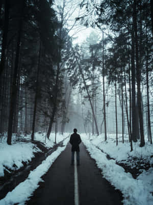 在霧濛濛的冬日樹林中，一個人獨自走在積雪的小徑上。 — 獨自一人 壁紙