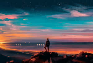 一個人站在懸崖邊緣，在星空下黃昏時分俯瞰發光的城市。 — 孤獨 壁紙
