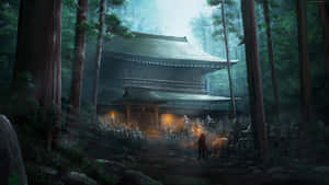 一個人在夜晚的霧氣森林中，提著發光的燈籠走向寺廟。 — 混沌武士 壁紙