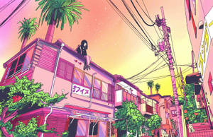 女孩坐在粉紅色建築物的屋頂上，背景是日落時的動漫城市景觀。 — 紫色動漫美學 壁紙