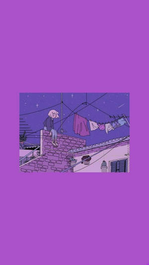 夜晚坐在屋頂上的人，星空下，附近晾著衣物。 — 紫色動漫美學 壁紙