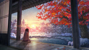 人坐在木質門廊上看雪景日落，湖面上有紅色秋葉 — 農業 壁紙