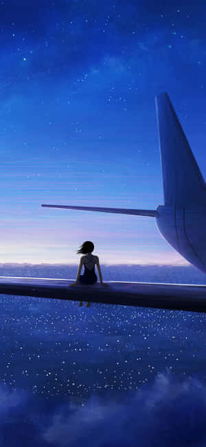 女孩坐在飛機機翼上，星空下 — 藍天 壁紙