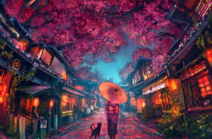 黃昏時分，在日本街道上，一個人帶著貓在櫻花下行走。 — 櫻花 壁紙