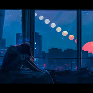 人坐在床上望向窗外有月亮和紅色太陽的夜空。 — 心碎 壁紙