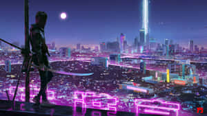 一個孤獨的劍客俯瞰著夜晚發光的未來城市。 — 城市風景 壁紙