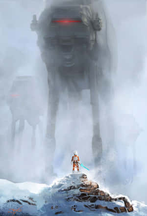一個手持藍色光劍的小戰士在雪景中對抗巨大的AT-AT步行機。 — 冬季風景 壁紙