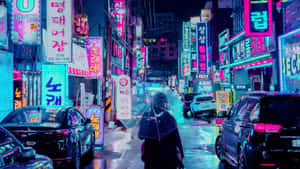 夜晚，一個人在下雨的霓虹燈韓國街道上撐傘行走。 — 日本動漫 壁紙