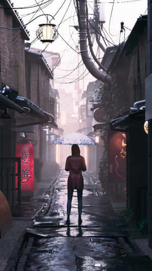 夜晚撐傘走在雨巷中的人，燈籠閃爍 — 街頭 壁紙