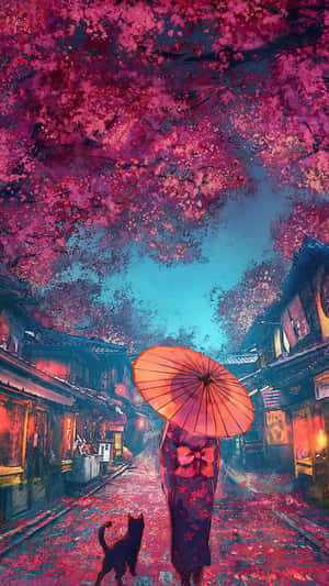 拿著紅傘和黑貓的人，在夜晚發光的日本街道上，走在粉紅櫻花下。 — 日式美學 iPhone 壁紙