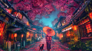 撐傘帶貓的人，在夜晚發光的日本街道上，走在櫻花下。 — 動漫風格 壁紙