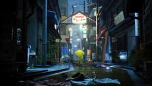 撐著黃色雨傘的人在雨夜霓虹燈閃爍的日本小巷中行走。 — Pro Display XDR 壁紙