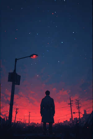 一個穿著外套的人站在街燈下的剪影，暮色中天空可見星星 — 星星 壁紙