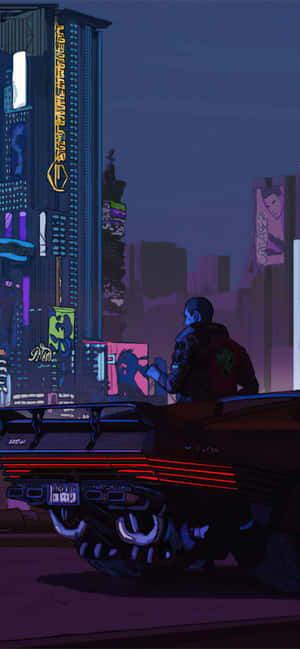 一個人坐在發光的汽車上，背景是霓虹燈照亮的未來風格城市夜景。 — 賽博龐克超寬 壁紙