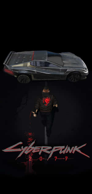 一個穿著紅色火焰外套的人，在Cyberpunk 2077標誌下走向一輛懸浮的汽車。 — 電玩遊戲 GIF 壁紙