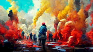 人們在明亮的天空下，走過一條充滿彩色煙霧的街道。 — 登山 壁紙