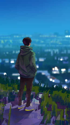 穿著連帽衫的人從山頂俯瞰暮色中的城市燈光 — 獨自一人 壁紙