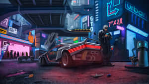夜晚的賽博龐克街景，有發光的汽車和霓虹燈。 — 電馭叛客2077 壁紙