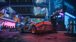 賽博龐克街景，發光汽車和戴面具的身影在霓虹燈下。 — 電馭叛客2077 壁紙