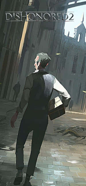 一個角色在 Dishonored 2 中沿著一條狹窄的哥德式小巷行走。 — iPhone 15 Pro Max 壁紙
