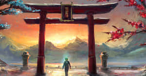 日落時分，一個人在櫻花下的紅色鳥居中行走。 — 鳥居 壁紙