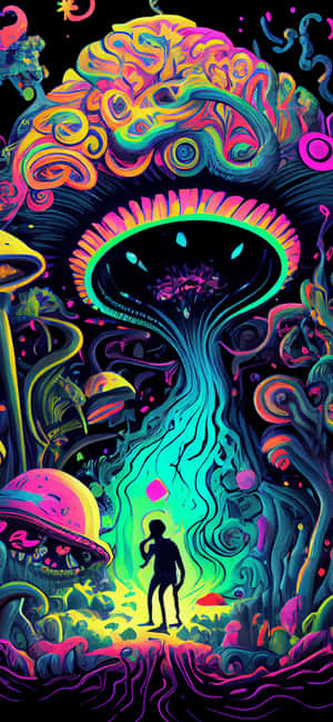 一個人的剪影站在一個超現實的霓虹森林中的巨大發光蘑菇下。 — 榮耀Win RT 壁紙