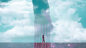 一個小人站在一個從水上雲層中升起的巨大半透明人形身影前。 — 夢幻 GIF 壁紙