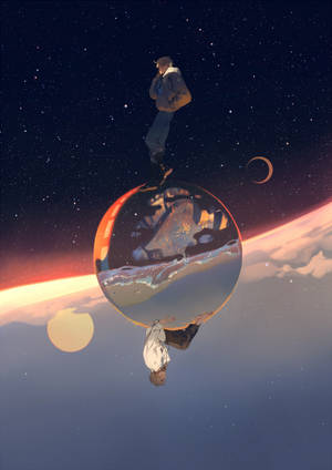 在一個有發光球體和新月的星空宇宙場景中，一個人站在一個反射球體上。 — 數位藝術 壁紙