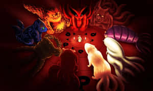 一個小人被九個惡魔生物包圍在紅色儀式圈中。 — 漩渦鳴人 壁紙