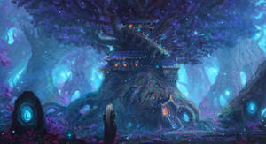 一個人在夜晚凝視著魔法森林中發光的樹屋。 — 魔獸世界經典版 壁紙